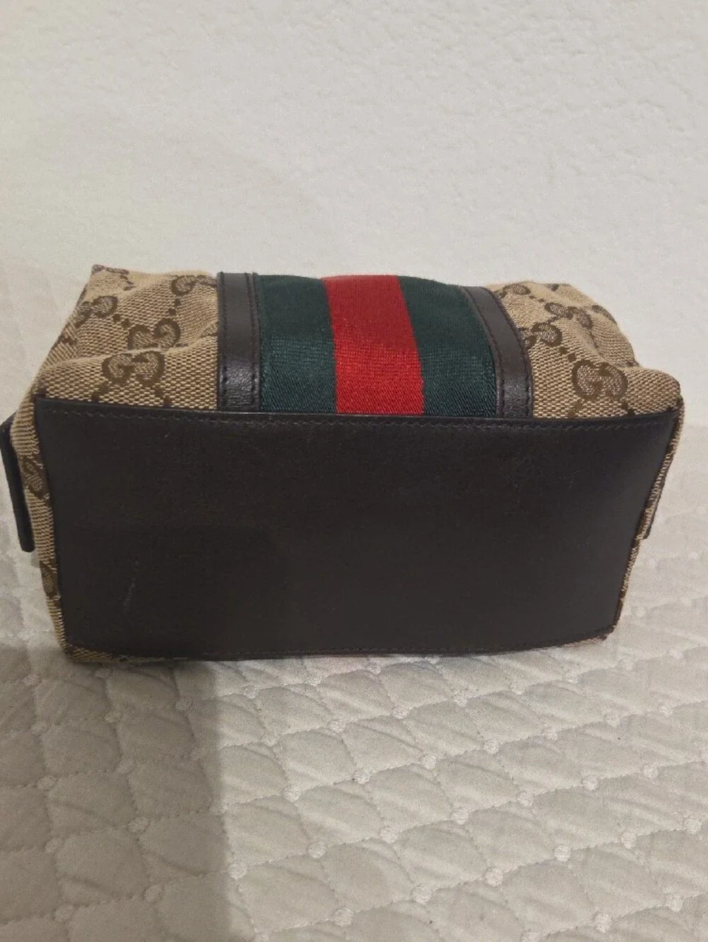 Gucci Beige Monogram Toiletry Bag with Red & Green Web Stripe
